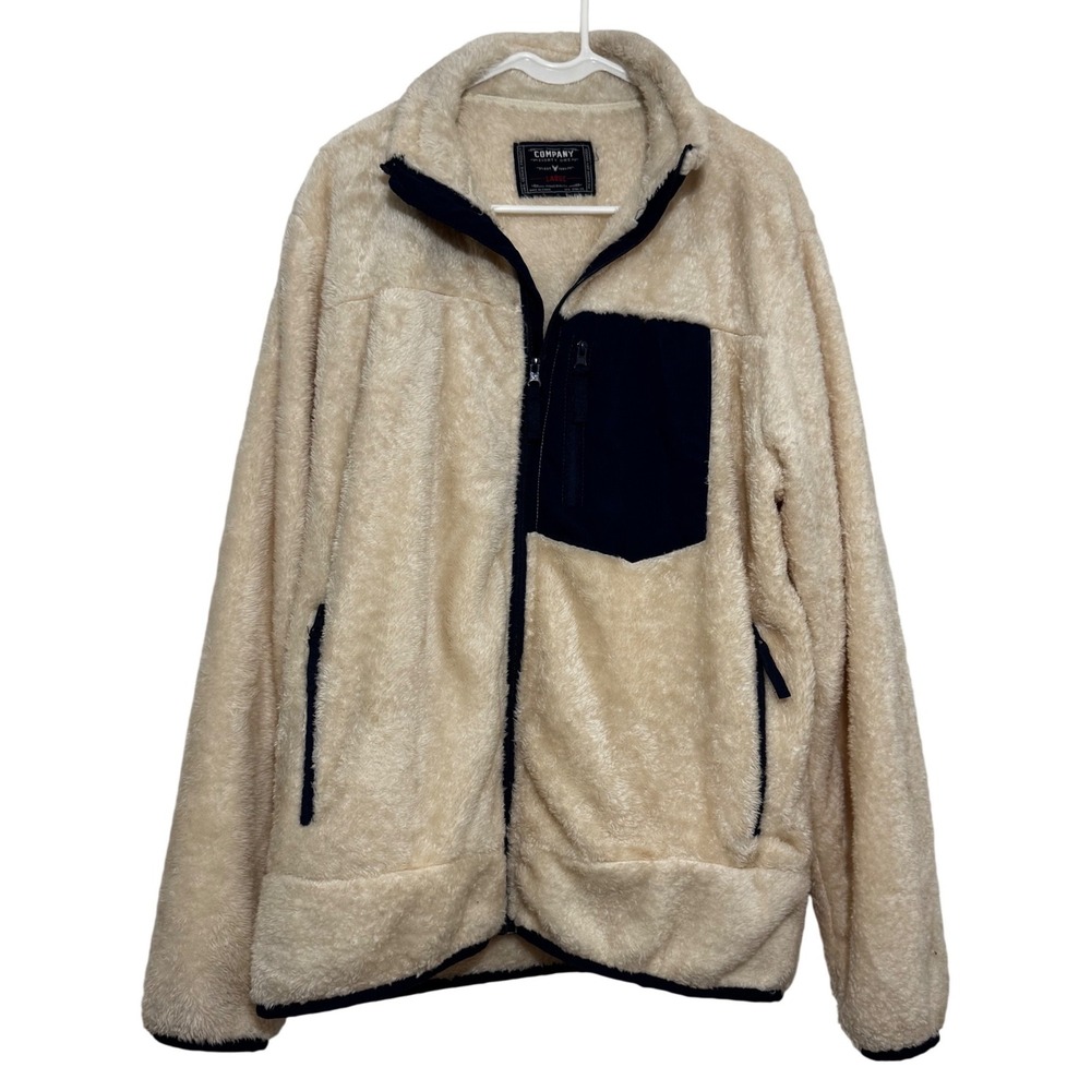 Company Eighty One Cream Sherpa Fleece Full Zip Jacket Navy Trim Women Large